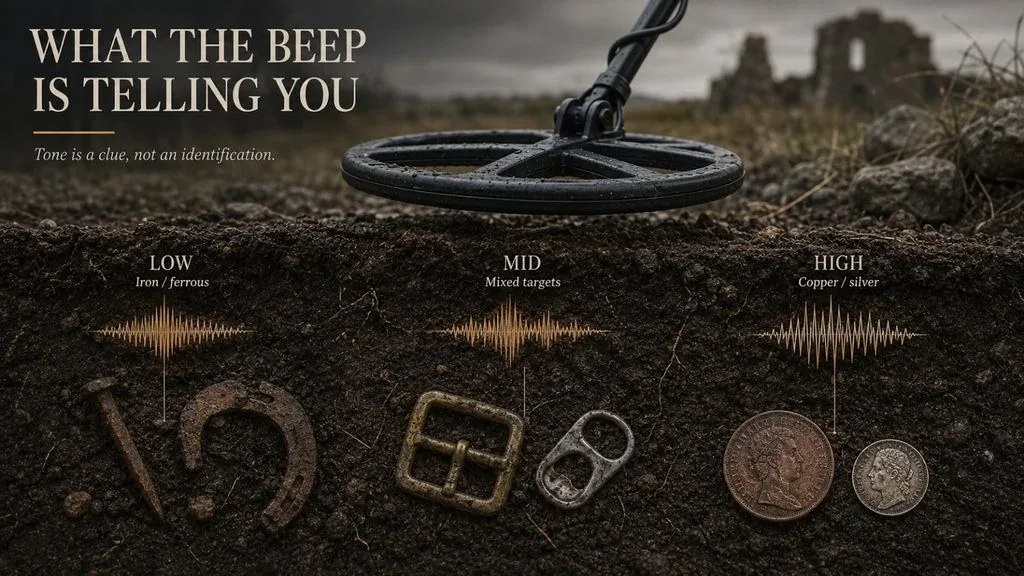 Illustration of low, mid and high tones beside an iron nail, a brass object and a coin